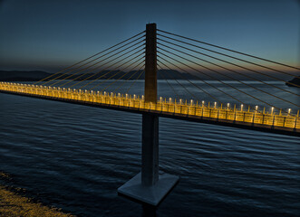 Aerial detail of the Peljesac bridge at dusk