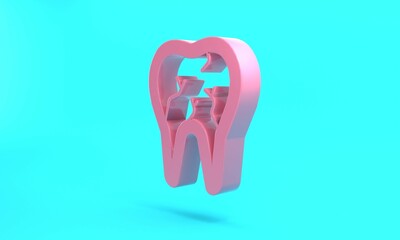 Pink Broken tooth icon isolated on turquoise blue background. Dental problem icon. Dental care symbol. Minimalism concept. 3D render illustration