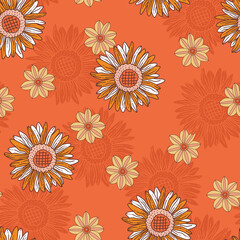 Fototapeta na wymiar Orange Sunflowers Retro Vector Seamless Pattern