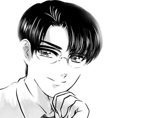 イケメン黒髪眼鏡先生が頷き納得する白黒漫画イラスト
