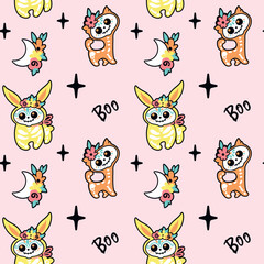 Obraz premium Cute skeletons of animal on pink background. Halloween illustration. Print for little girls. Seamless pattern. Vector.