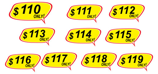 Sale tags collection from 110% to 119%, one hundred ten to one hundred and nineteen only, vector illustration.