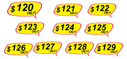 Sale tags collection from 120% to 129%, one hundred and twenty to one hundred and twenty nine only, vector illustration.