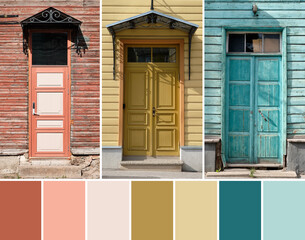 Color matching palette from image of old wooden doors with withered peeling paint. Tartu, Estonia. European historic architectural details.