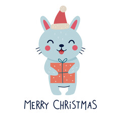 Cute Christmas bunny with a gift and lettering Merry Christmas. Vector illustration