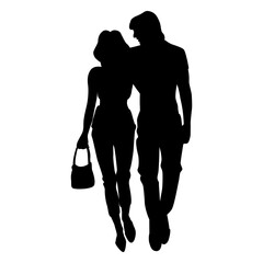 Detailed silhouettes of romantic couple walking together. Man and woman on a casual date. Lovers strolling around the street. 