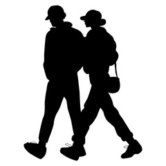 Detailed silhouettes of man and woman walking together holding hands. Casual date concept. Romantic couple strolling around the street.