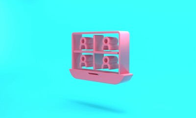 Pink Video chat conference icon isolated on turquoise blue background. Online meeting work form home. Remote project management. Minimalism concept. 3D render illustration