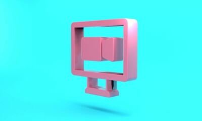 Pink Video chat conference icon isolated on turquoise blue background. Online meeting work form home. Remote project management. Minimalism concept. 3D render illustration