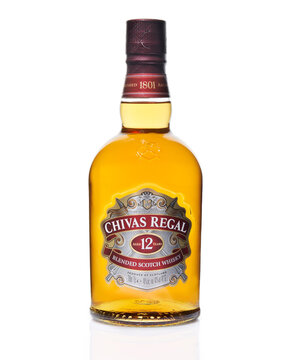Saint-Petesburg - August 28, 2022: Chivas Regal blended scotch whisky. Bottle of whisky isolated on white.