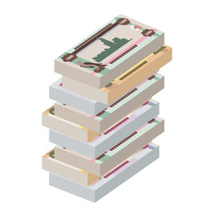 UAE Dirham Vector Illustration. United Arab Emirates money set bundle banknotes. Paper money 100, 200, 1000 AED. Flat style. Isolated on white background. Simple minimal design.