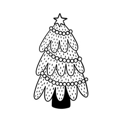 Christmas tree with beads vector hand drawn clipart in doodle style. Holiday decorative illustration for invitations and greeting cards.