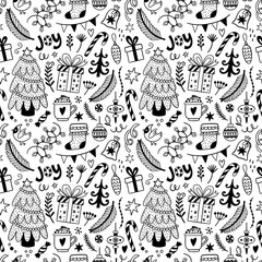 Christmas seamless pattern with traditional holiday symbols. Vector texture in hand drawn doodle style. Perfect for fabrics, wrapping paper, digital paper, backgrounds.