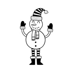 Cartoon snowman in hand drawn doodle style. Vector Christmas illustration. Perfect for invitations, greeting cards, posters.
