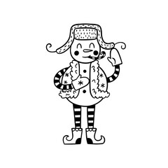 Cartoon snowman in hat with ear flaps and vest. Vector Christmas illustration in hand drawn doodle style. Perfect for invitations, greeting cards, posters.