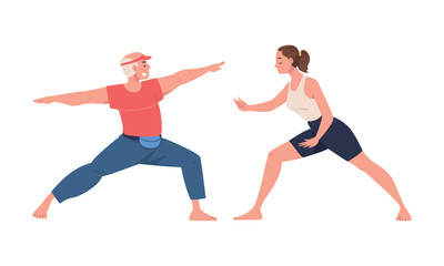 Fototapeta na wymiar Senior Man and Young Woman Character Practicing Tai Chi and Qigong Exercise as Internal Chinese Martial Art Vector Set