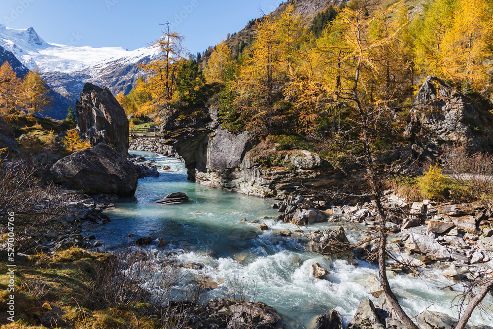 Wall mural Mountain stream in a ravine at autumn