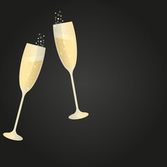 Champagne glasses with bubbles on style black background with copy space. Christmas fashion vector illustration. Print for greeting card. Bridal concept. 
