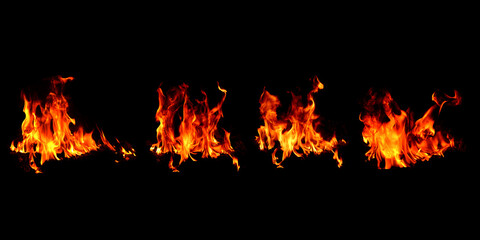 Red heat energy fire, 4 pictures of the burning bonfire background image on a black background, close-up