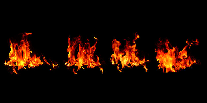 Red heat energy fire, 4 pictures of the burning bonfire background image on a black background, close-up