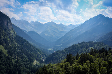 Fototapeta na wymiar Mountain panorama in Bavarian Alpes near Obersdorf Germany. 