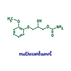 Methocarbomol hand drawn vector formula chemical structure lettering blue green