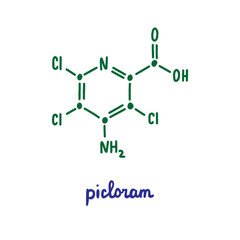 Picloram hand drawn vector formula chemical structure lettering blue green