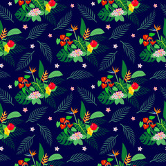 Fototapeta premium Seamless pattern with tropical plants with a bright flowers. Vector color illustration on the dark background.