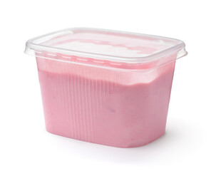 Homemade fruit yogurt in transparent plastic container