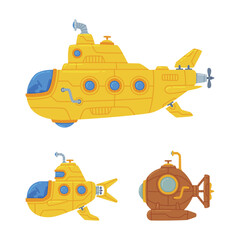 Colorful Submarine Watercraft with Porthole Swimming Underwater Vector Set