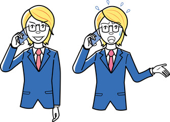 携帯電話をかけるビジネスマン、ビジネスウーマン