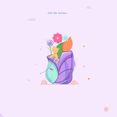 Beige light cat sitting in a backpack among different plants flowers, leaves and holding a bell on an autumn day. Backpack is decorated by some falling leaves and two autumn bushes, text.