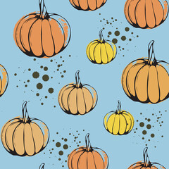 Seamless pattern with bright pumpkins on a blue background. Hand drawn colorful illustrations. halloween background