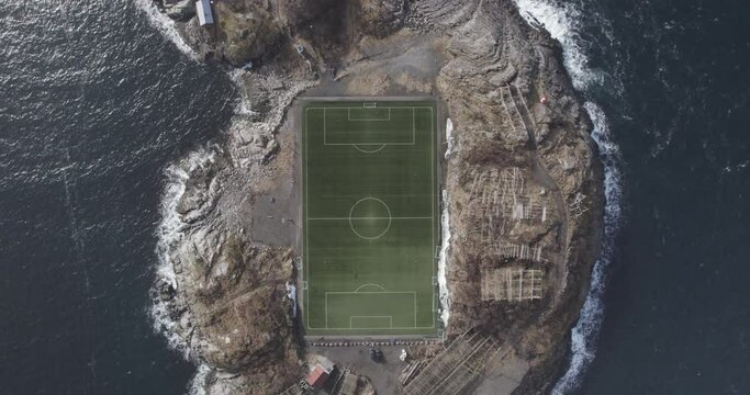 Topdown aerial view of a soccer field on a island in norway lofoten