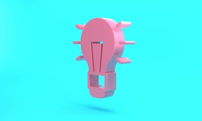 Pink Light bulb with concept of idea icon isolated on turquoise blue background. Energy and idea symbol. Inspiration concept. Minimalism concept. 3D render illustration