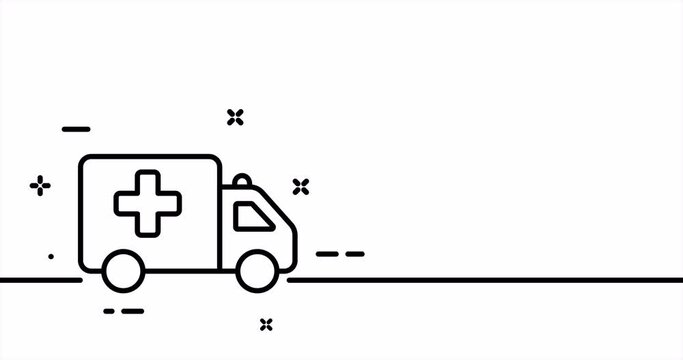 Ambulance car. Hospital, first aid kit, heart, band aid, stroke, fracture, disease, doctor, medicine. Health care concept. One line drawing animation. Motion design. Animated technology logo. Video 4K