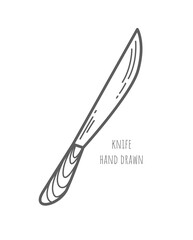 One knife with wooden handle. Vector icon. Line contour illustration. Household item. Food preparation. Cooking shop. Professional cuisine. Chef's tool. Decorative element for menu design, advertising