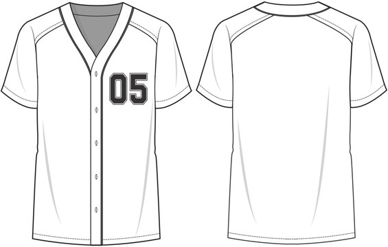 Baseball Shirt Front and Back View. Fashion Illustration, Vector, CAD, Technical Drawing, Flat Drawing, Template, Mockup.