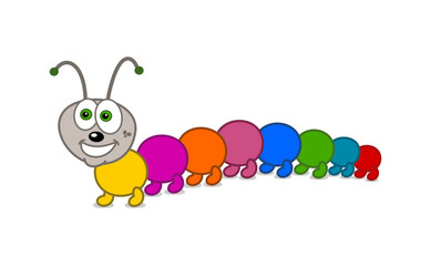 Smiling colorful caterpillar walking with these little paws on a white background