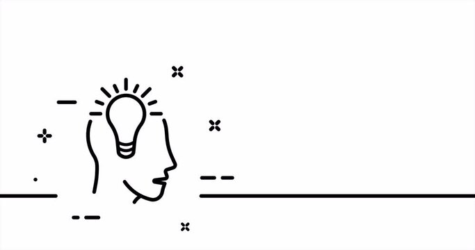 Light bulb in head. Lighting, electricity, electric, shine, wiring, glow. Thinking, creative idea, solution, strateg. One line drawing animation. Motion design. Animated technology logo. Video 4K