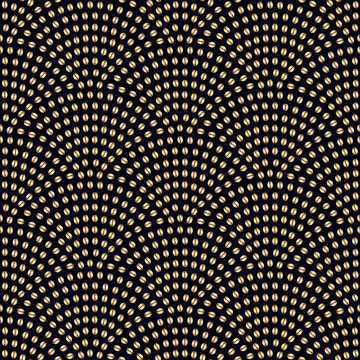 Vector wavy fan shaped seamless pattern. Gold coffee beans on a black background