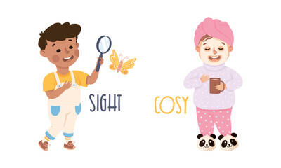 Little Boy and Girl Showing Sense of Sight Watching Butterfly with Magnifying Glass and Cosy Tea Drinking Vector Set