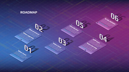 Isometric roadmap for blockchain or cryptocurrency project with connected copy space on blue purple background. Infographic timeline template for business presentation. Vector.