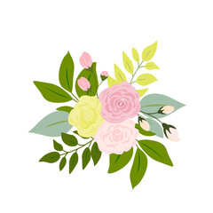 Fototapeta premium pink rose yellow green leaves wedding invitation card and flower poster