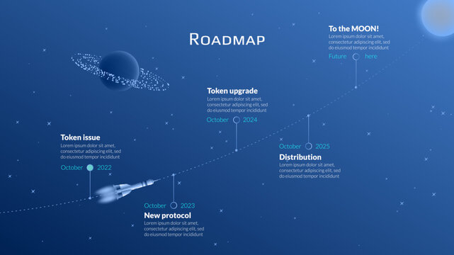 Roadmap with line to the Moon in starry sky and flying spacecraft between stages on blue background. Timeline infographic template for business presentation. Vector.