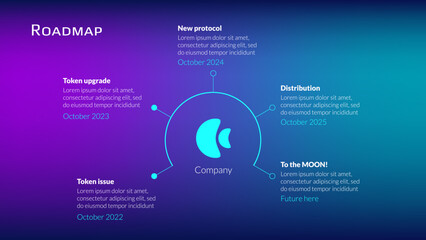 Roadmap with semicircle in the center and stages around on blue purple background. Timeline infographic template for business presentation. Vector.