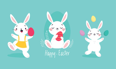 Obraz na płótnie Canvas White Easter Bunny with Colorful Egg Sitting and Juggling on Blue Background Vector Set