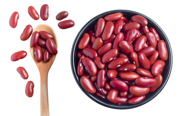 red kidney beans in a black bowl and spoon on transparent background, top view, flat lay, top-down.