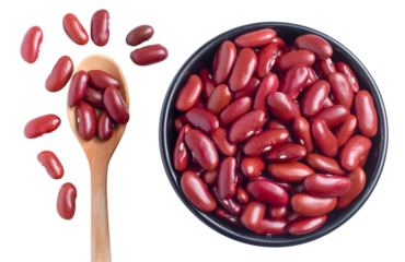 red kidney beans in a black bowl and spoon on transparent background, top view, flat lay, top-down.