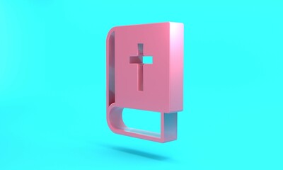 Pink Holy bible book icon isolated on turquoise blue background. Minimalism concept. 3D render illustration